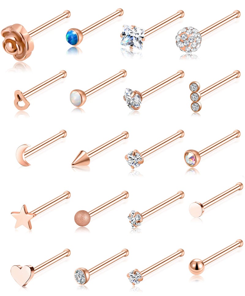 Tornito 20G 20Pcs Nose Ring CZ Nose Stud Retainer Bone Labret Nose Piercing Jewelry Set Stainless Steel Rose Gold Tone - Image 1